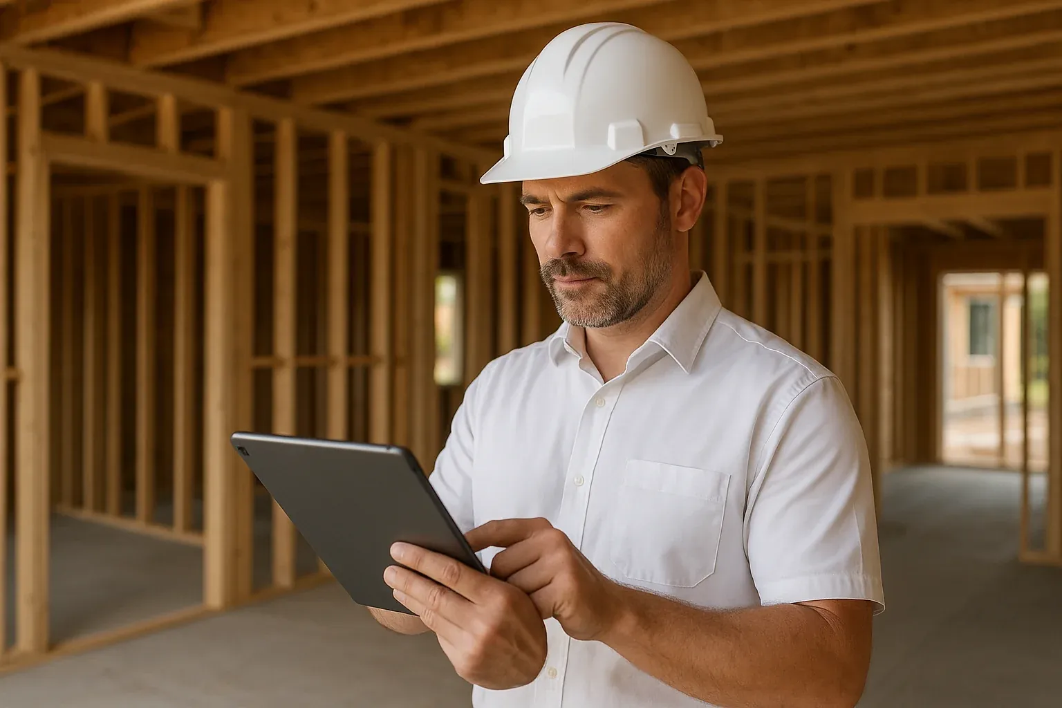 General contractor reviewing construction blueprints