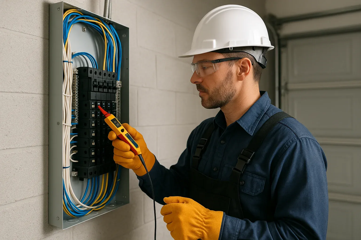 Licensed electrician working on electrical panel