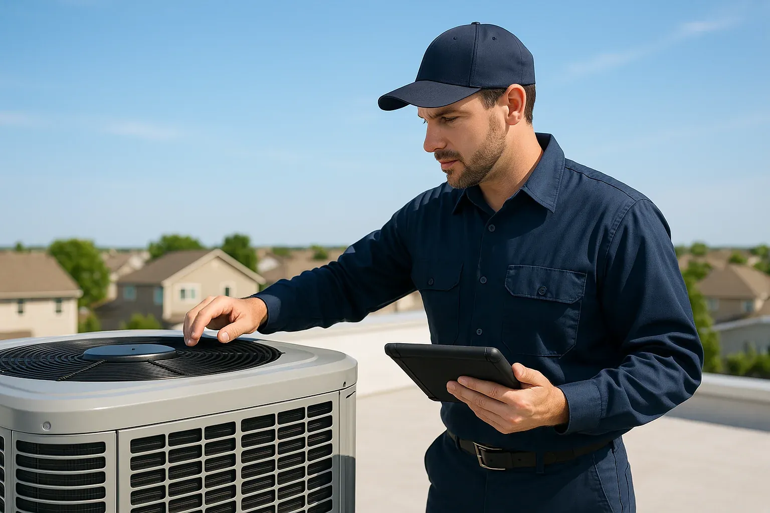 HVAC technician servicing residential air conditioning