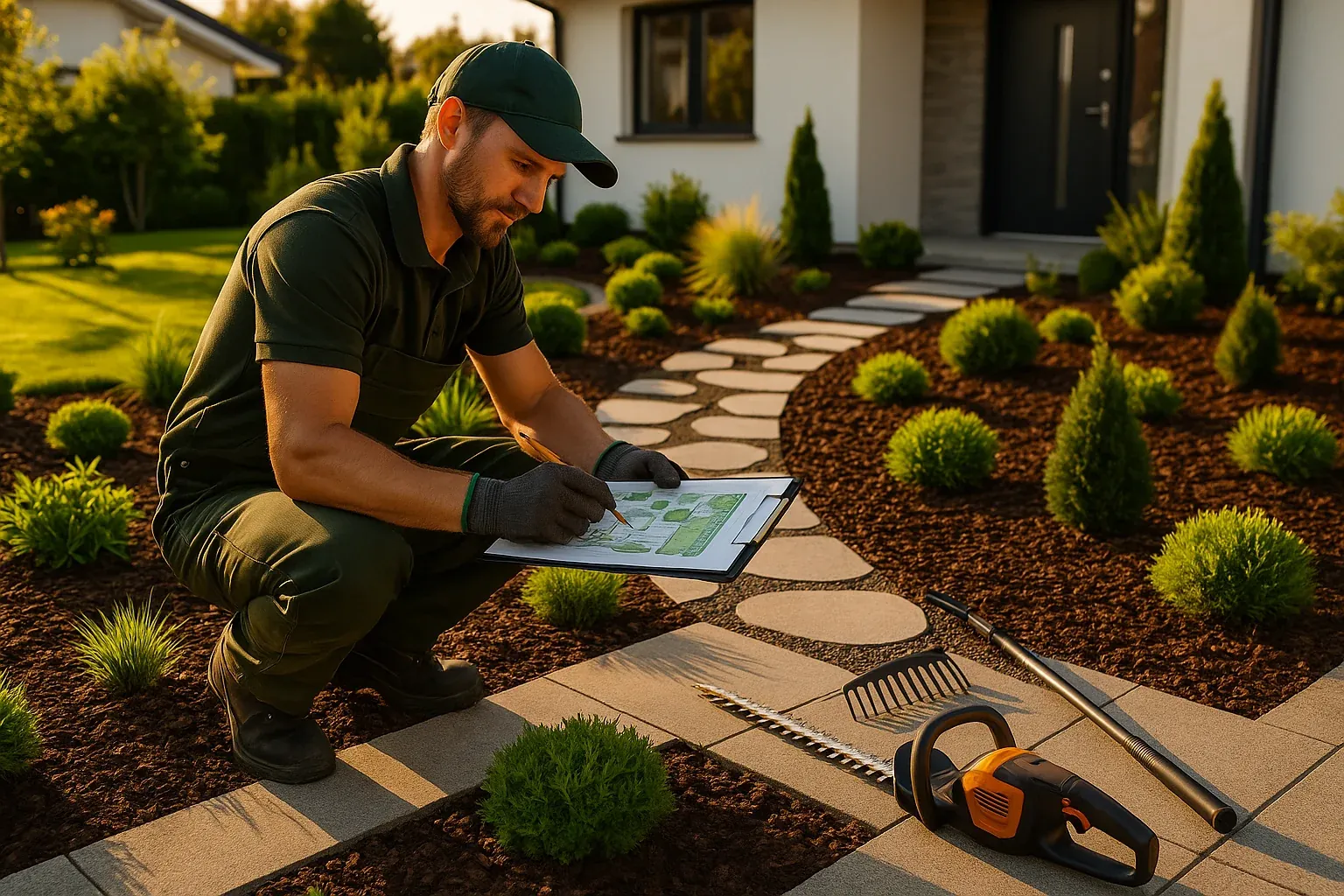 Professional landscaper working on garden design