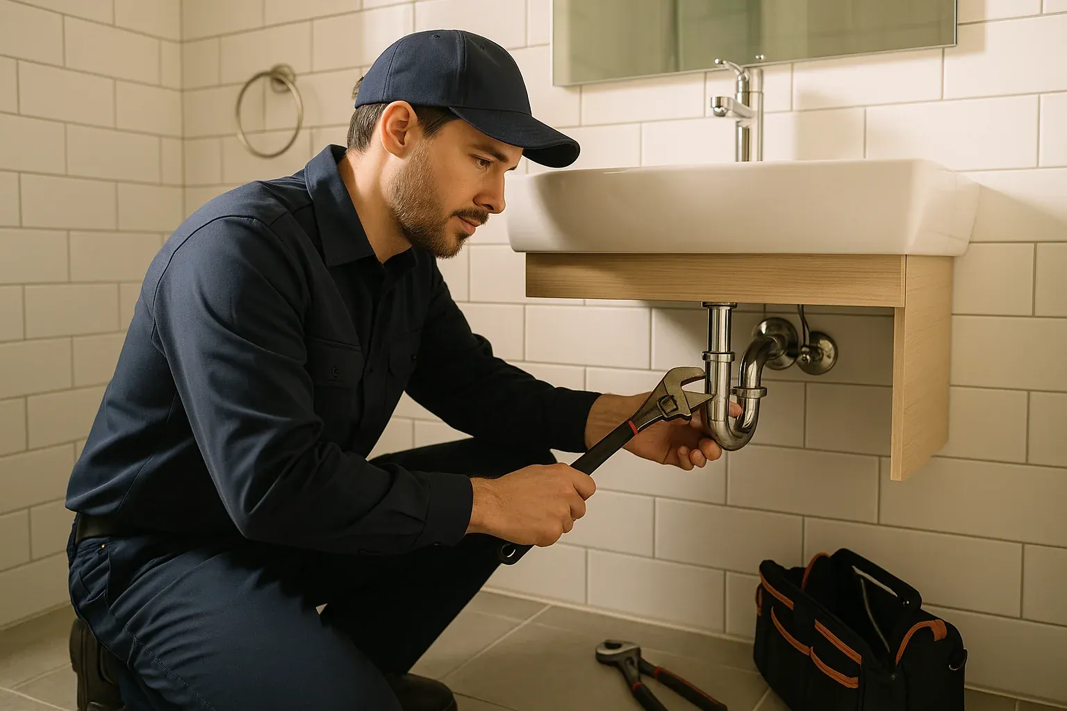 Professional plumber working on residential plumbing