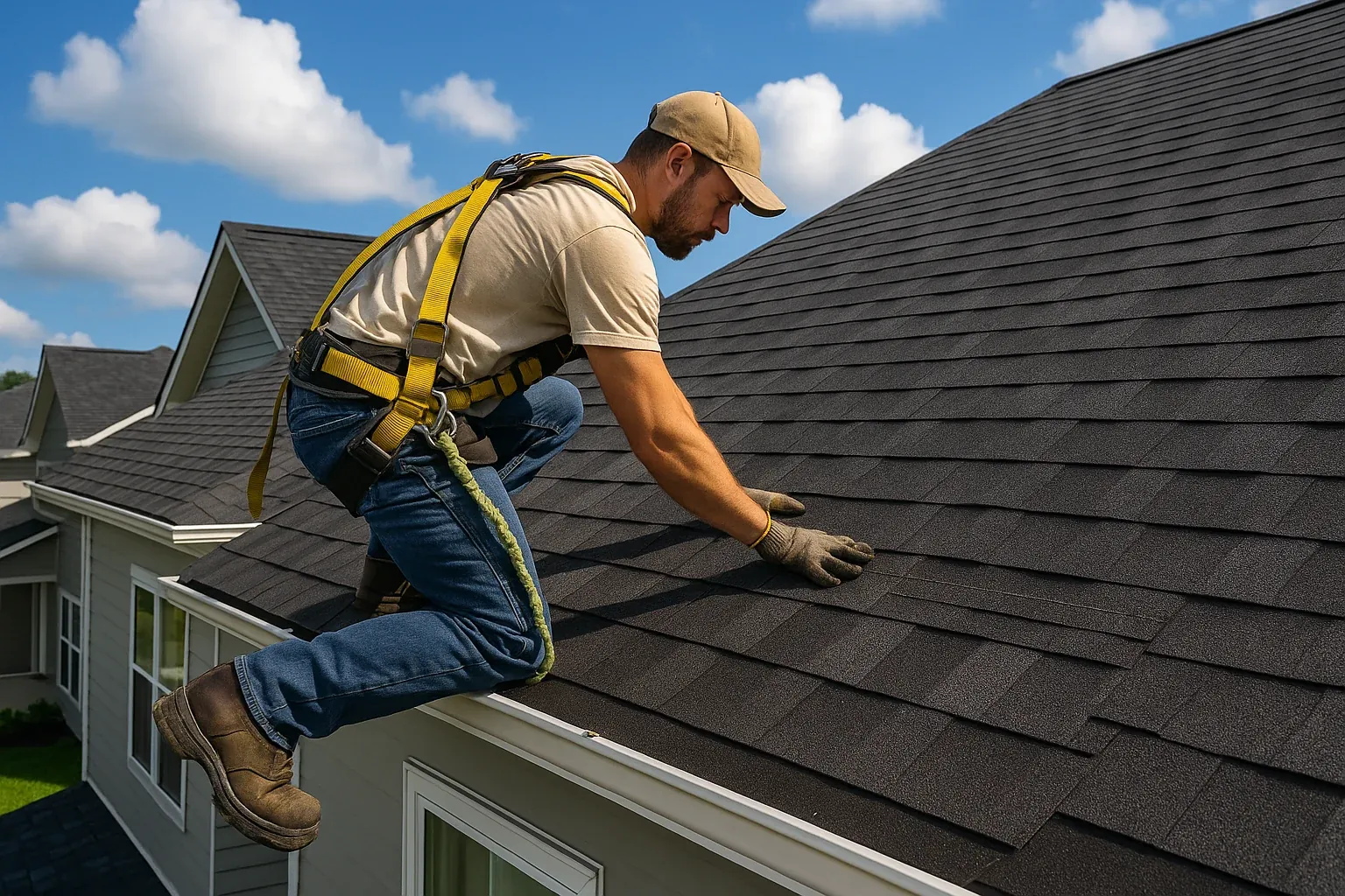 Roofing contractor inspecting residential roof